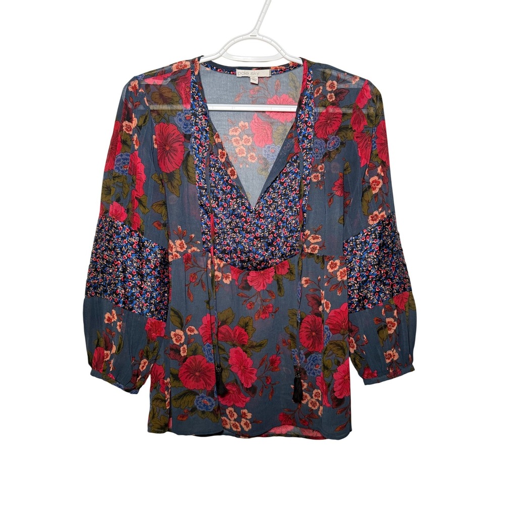 Pale Sky Floral Patchwork‎ Boho Tassel V Neck Long Sleeve Blouse Top Womens XS